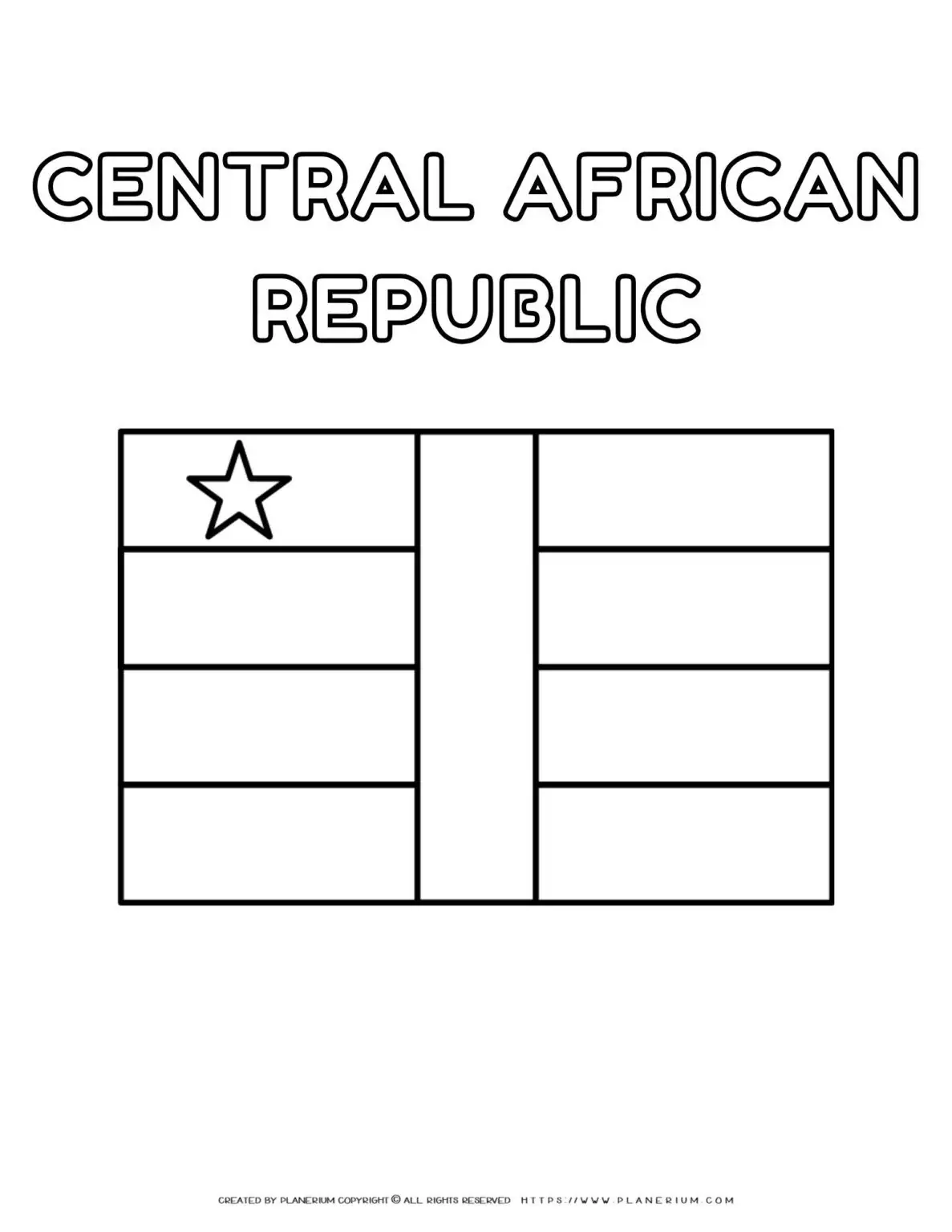 Central African Republic flag coloring page for kids to learn about national symbols and colors. Perfect for educational activities and cultural studies.