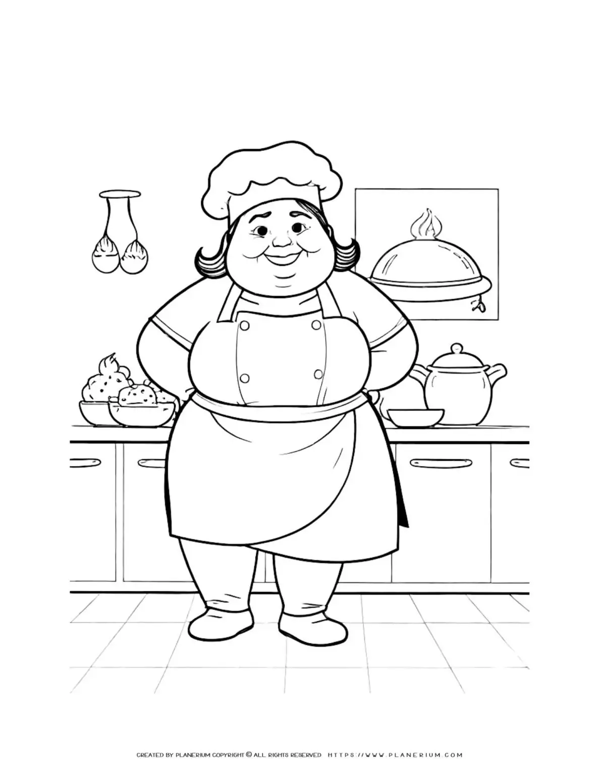 Cartoon chef in kitchen smiling
