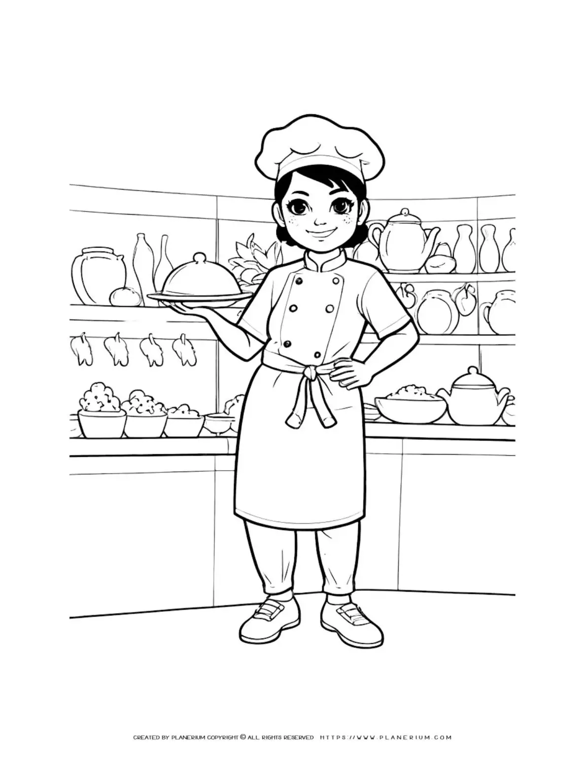 Cartoon chef holding a dish in kitchen.