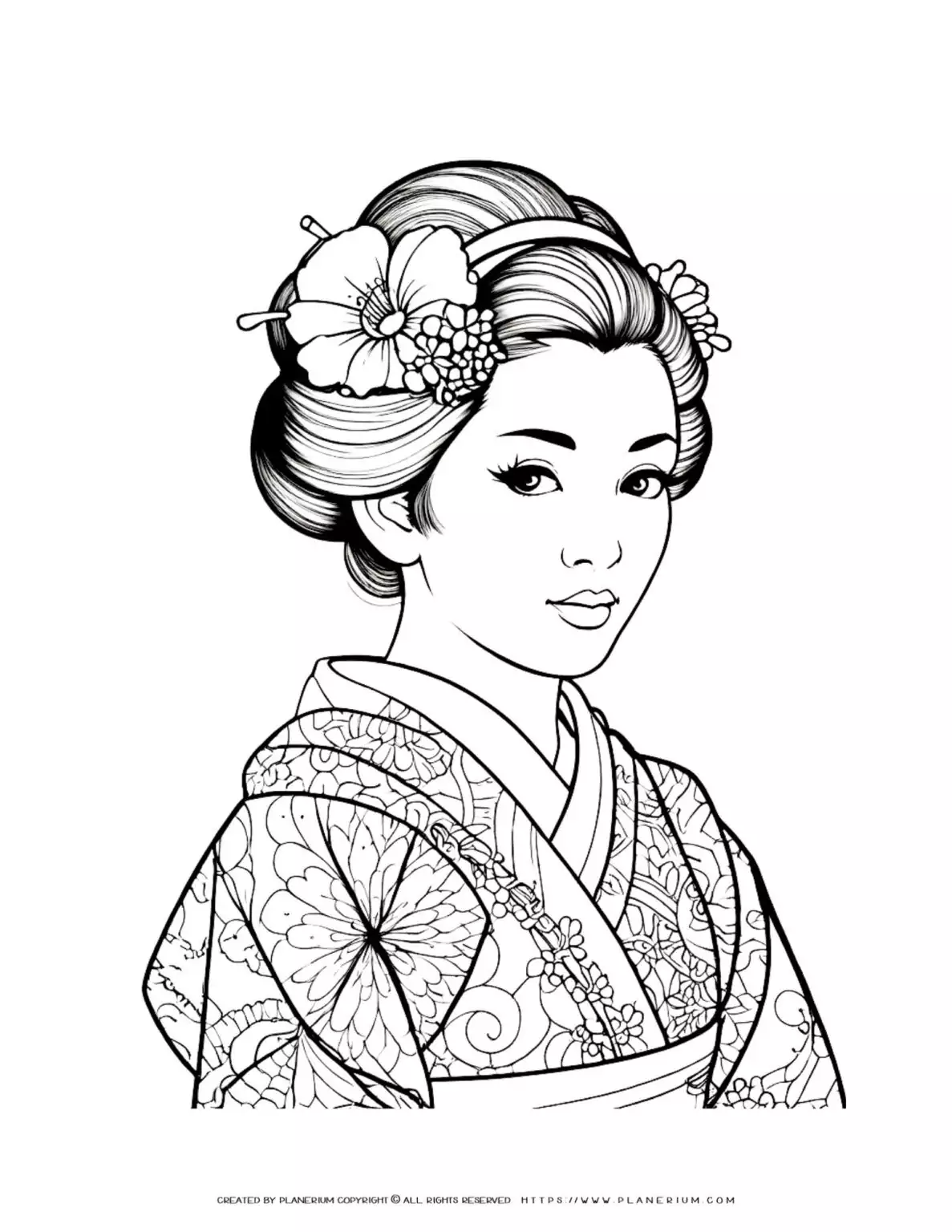 Geisha coloring page with a floral kimono