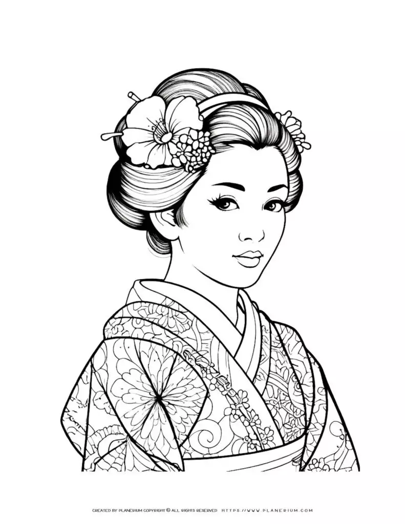 Geisha coloring page with a floral kimono