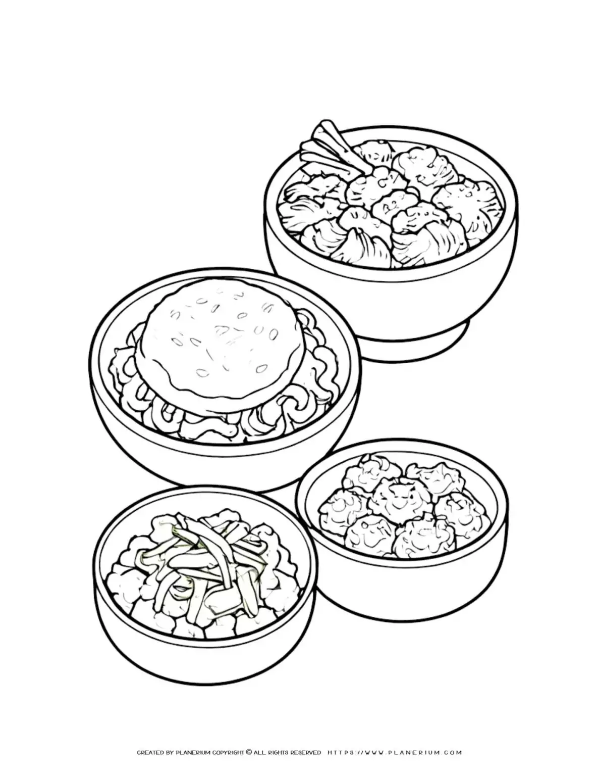 Line art bowls of Chinese food.