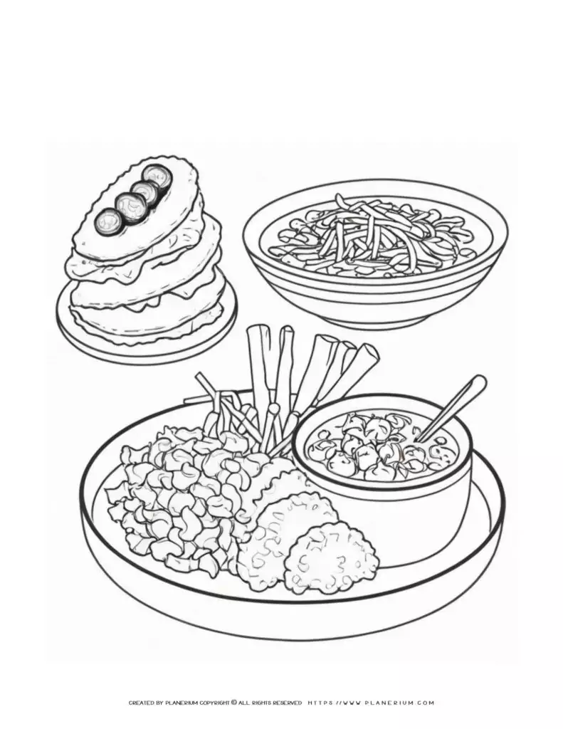 Black and white drawing of assorted dishes