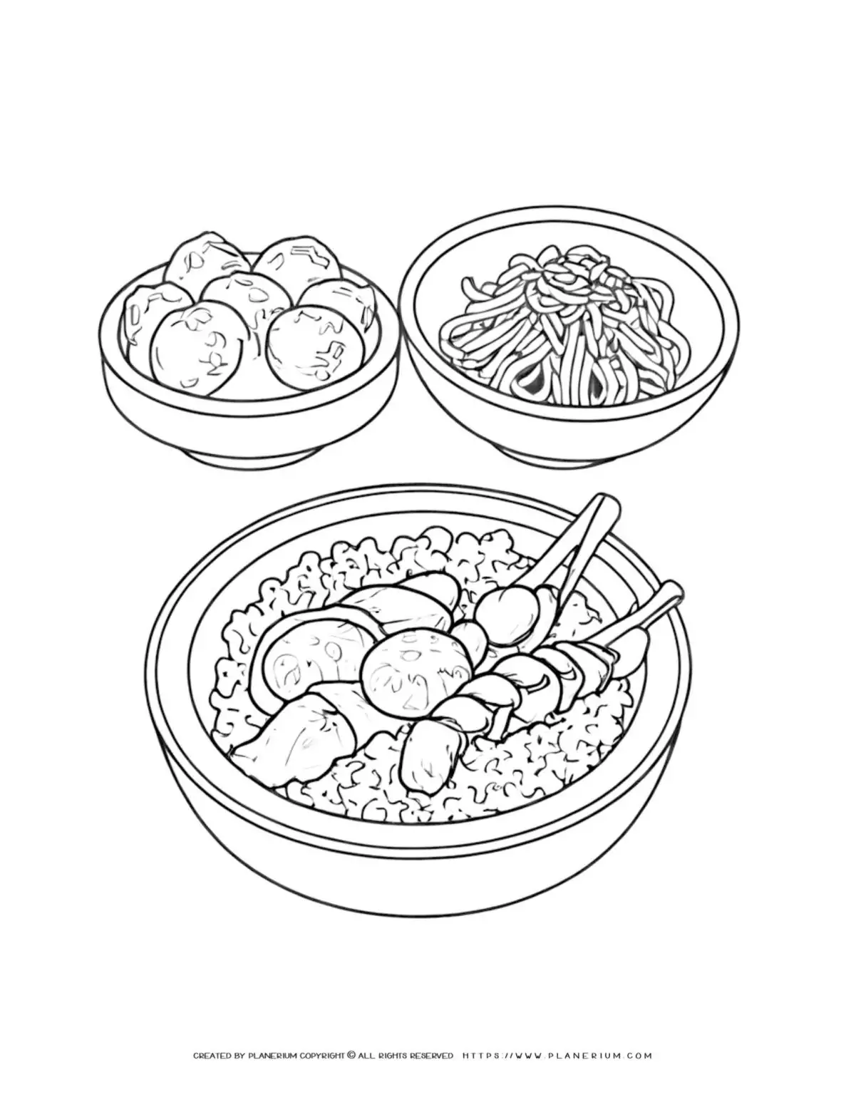 Illustration of rice bowl, noodles, and meatballs.