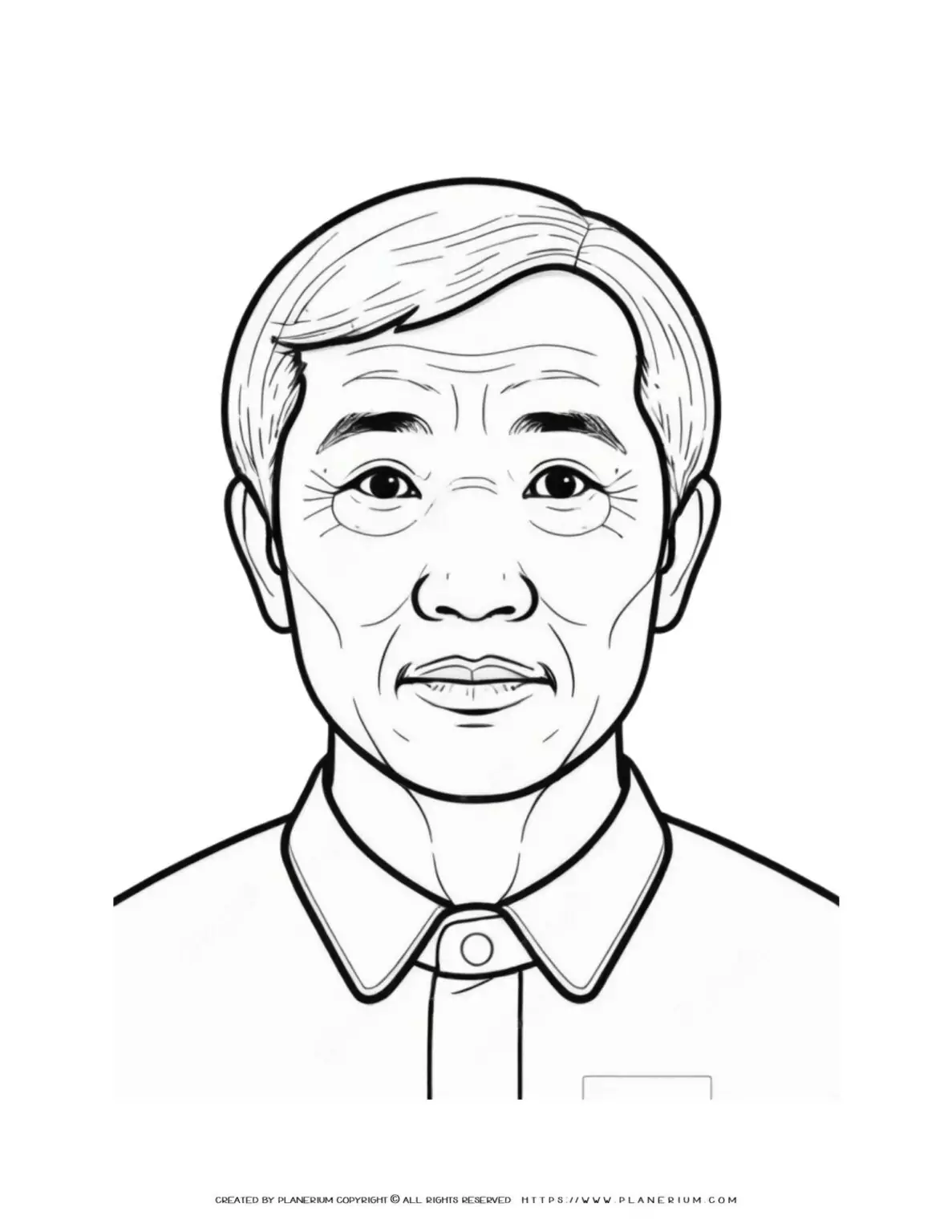 Chinese male portrait front view outline coloring page for adults. Perfect for relaxation and stress relief. Ideal for art therapy and mindfulness.