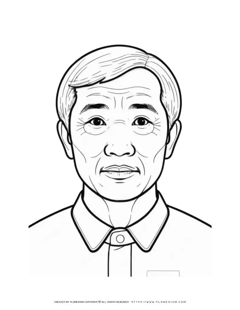 Chinese male portrait front view outline coloring page for adults. Perfect for relaxation and stress relief. Ideal for art therapy and mindfulness.