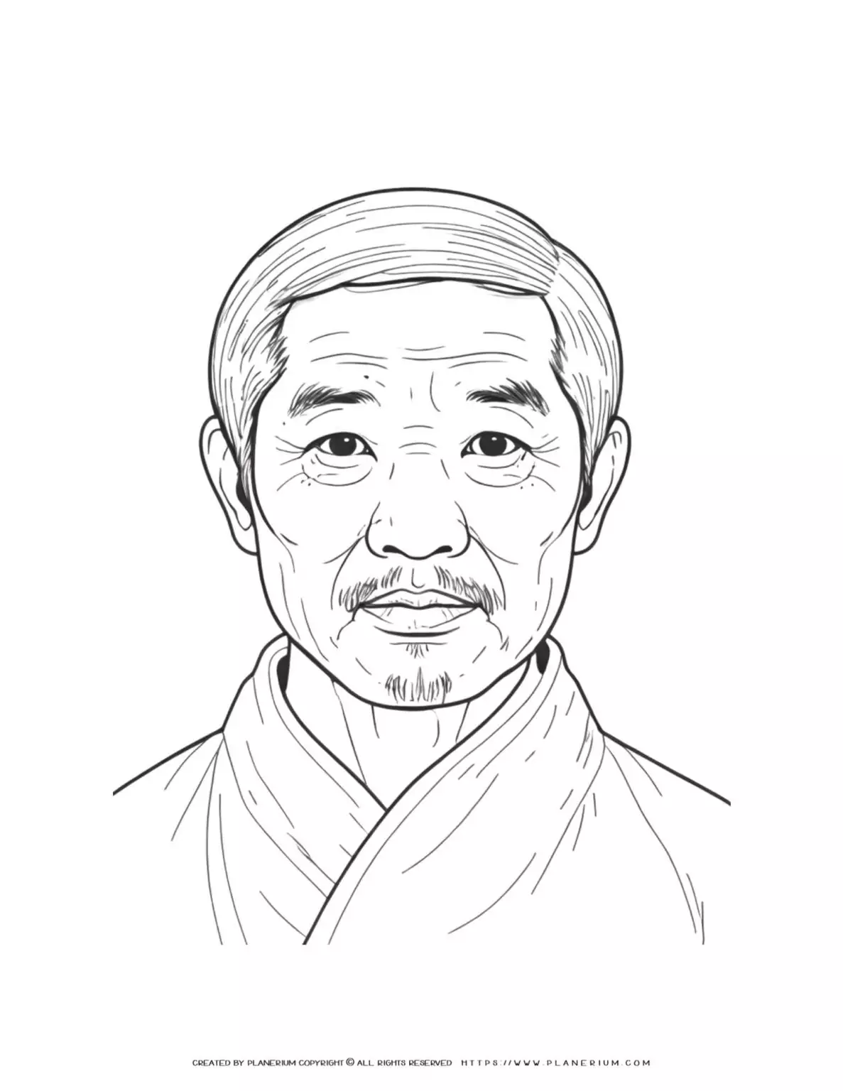 Chinese elderly man with a mustache in a front-facing portrait illustration coloring page. Traditional Asian male character design.