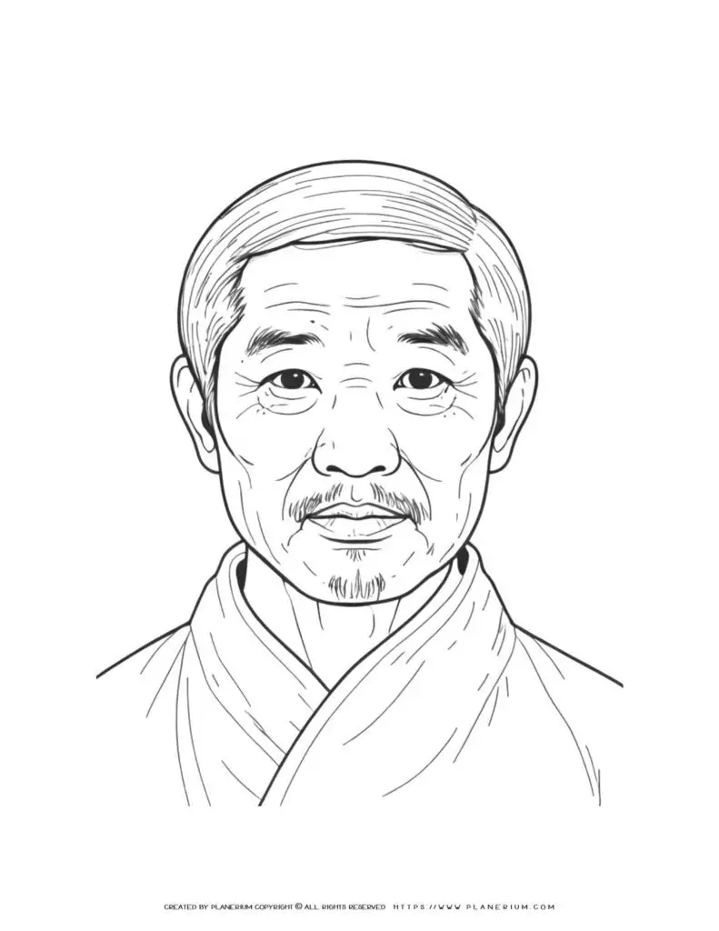 Chinese elderly man with a mustache in a front-facing portrait illustration coloring page. Traditional Asian male character design.