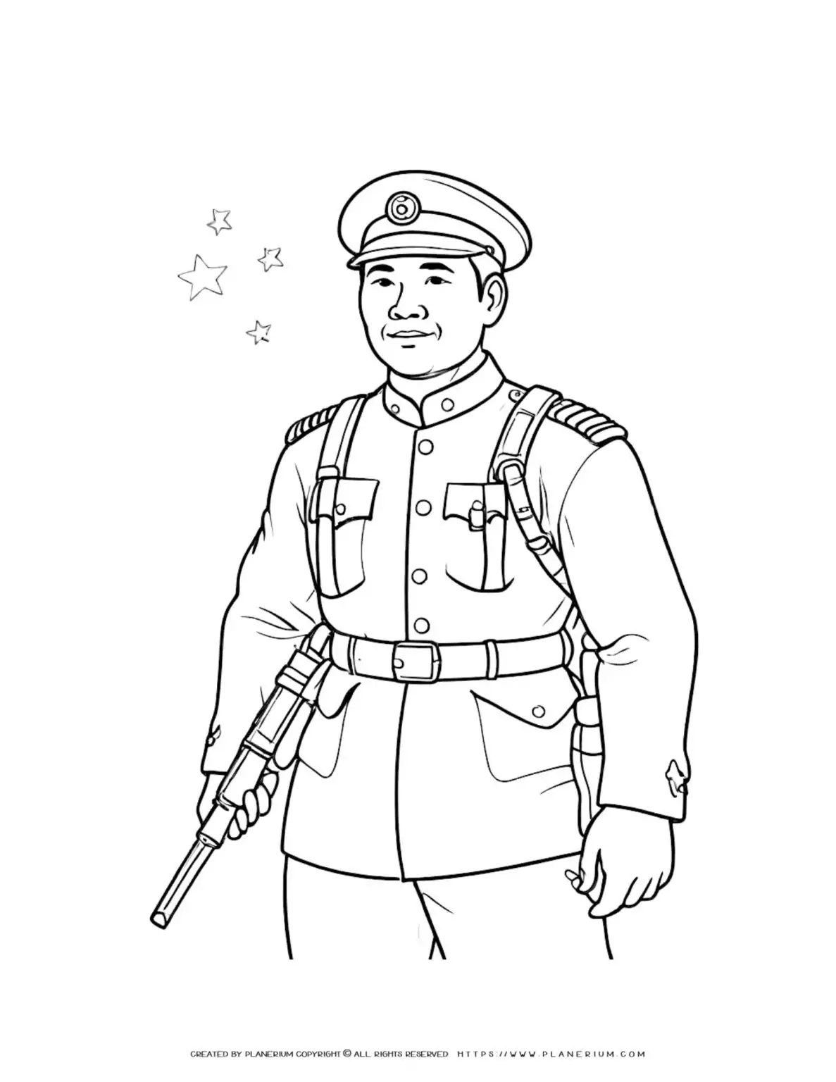 Coloring page of a Chinese soldier holding a gun. Perfect for kids interested in military themes. Great for learning and fun activities.