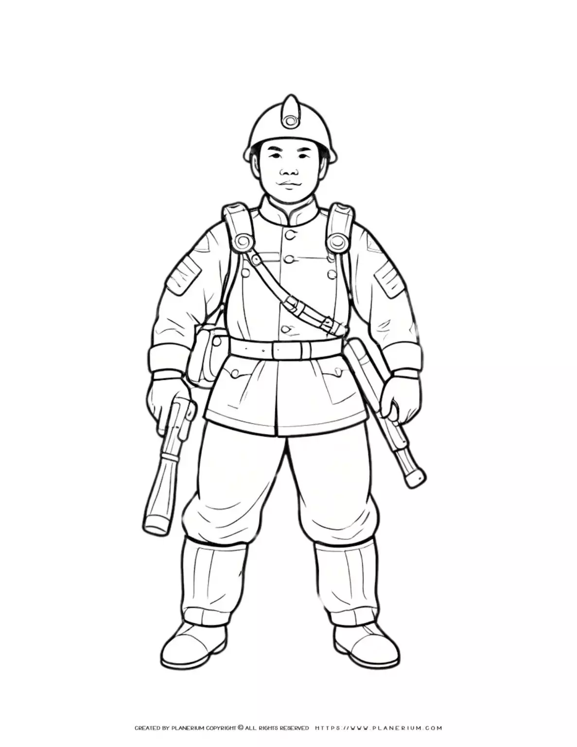 Chinese soldier holding guns in detailed full-body front view illustration for coloring page.