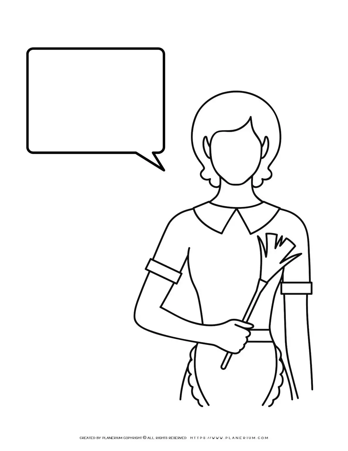 Housemaid holding a feather duster with speech bubble.
