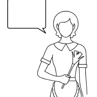 Housemaid holding a feather duster with speech bubble.