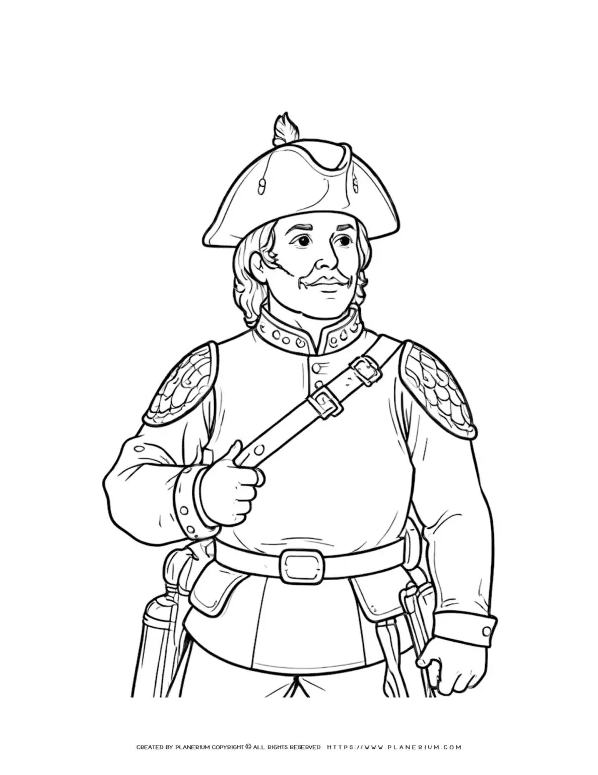 Colonial era officer portrait: historical military figure coloring illustration for enthusiasts of military history and art.