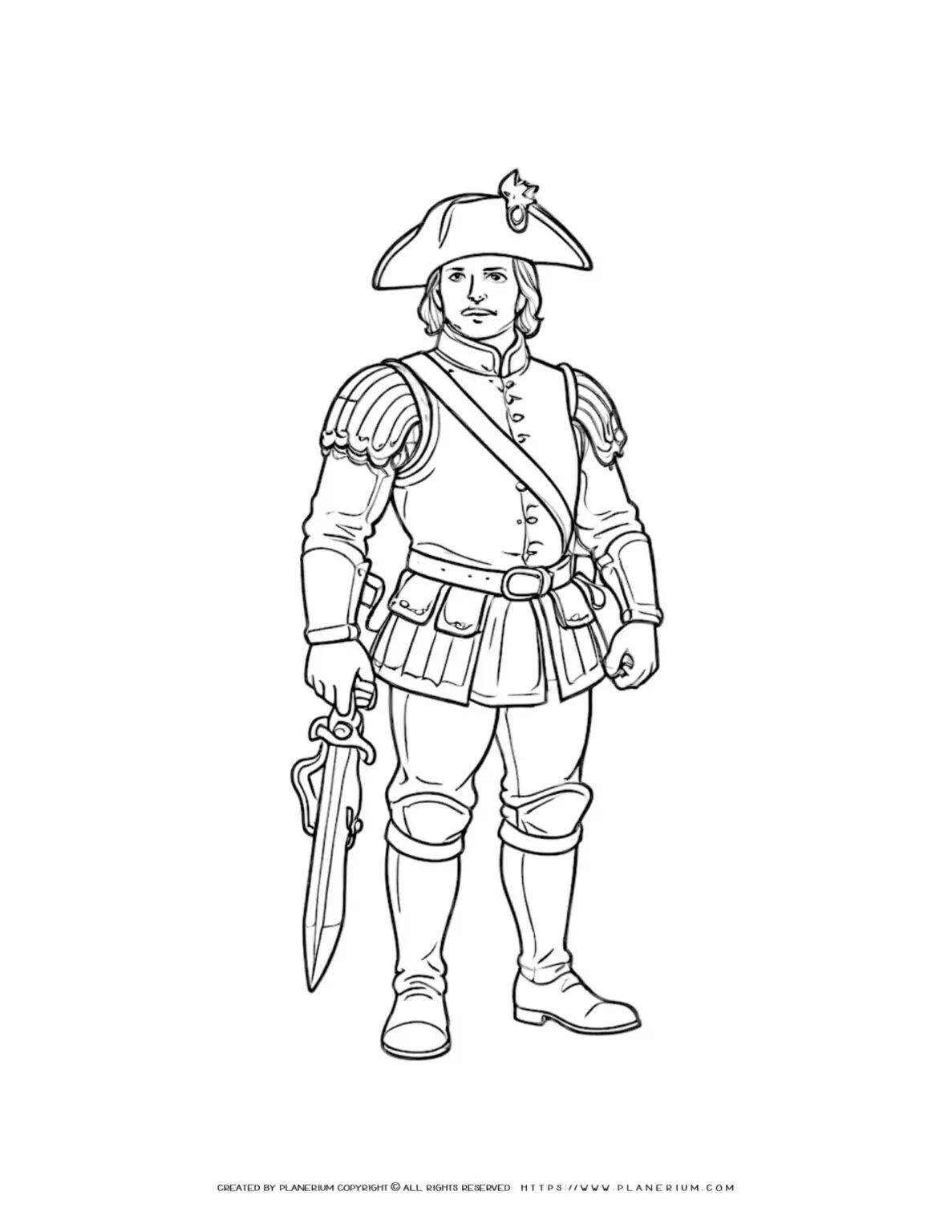Colonial soldier in military uniform with sword coloring page for kids. Perfect for history lessons and educational activities.