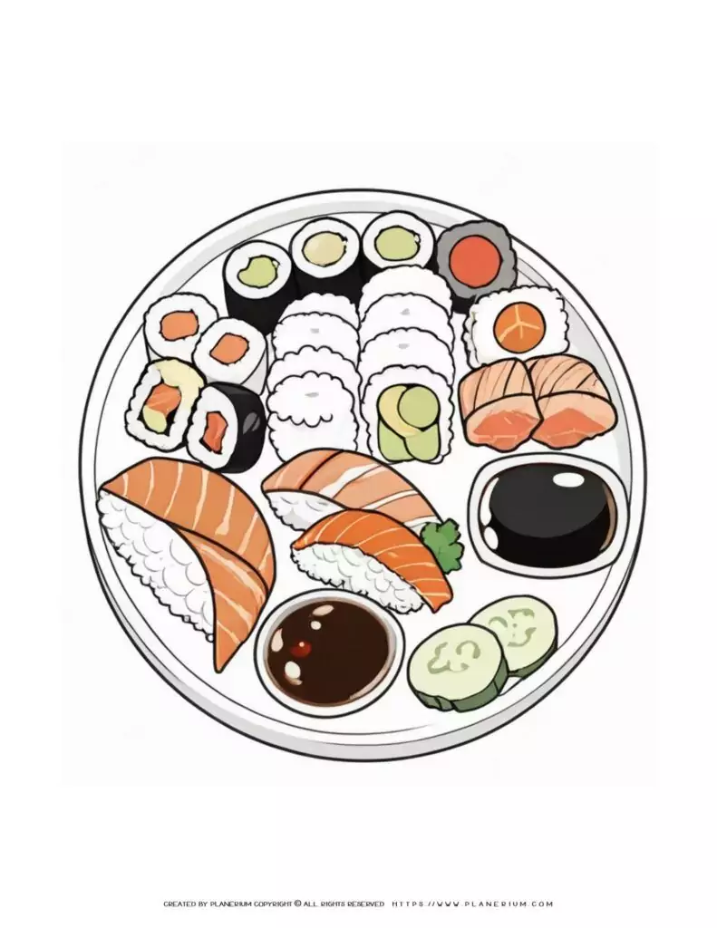 Illustration of sushi platter with various rolls and nigiri.