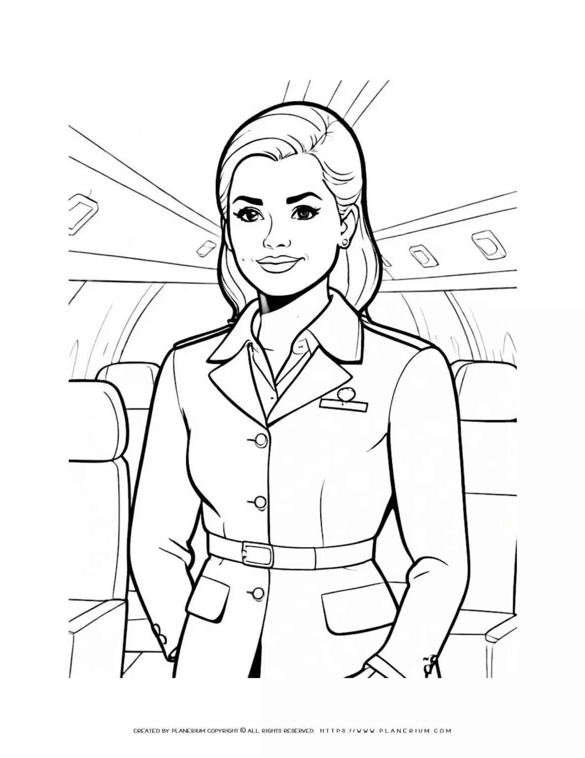 Comic flight attendant in airplane, upper body illustration for coloring page. Fun and detailed design for kids and adults.
