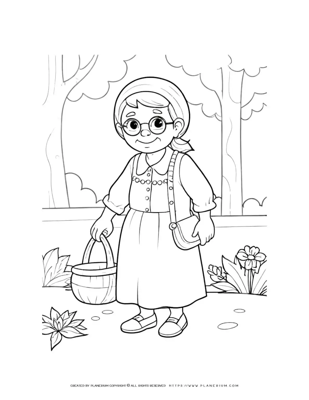 Coloring Page of a Comic Old Lady with Glasses Holding a Basket Walking in Nature Illustration