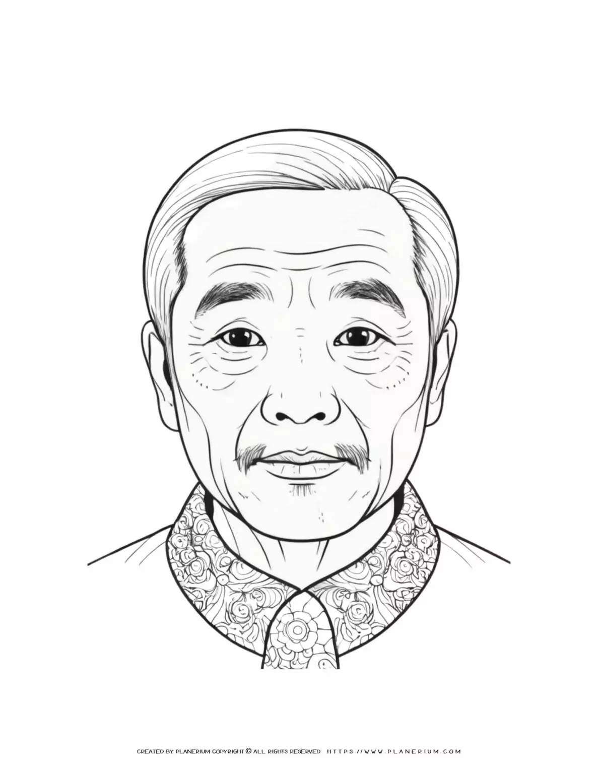 Elderly Chinese man illustration in front view coloring page for adults and kids. Traditional Asian character design for art and education.