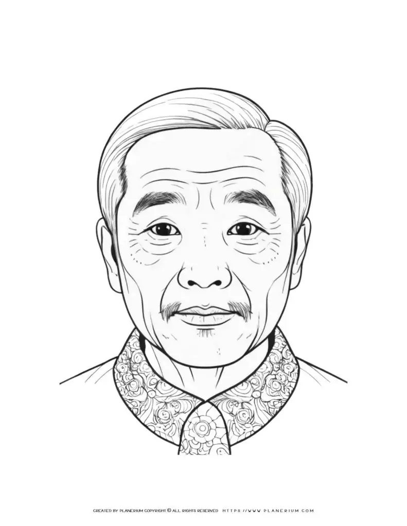 Elderly Chinese man illustration in front view coloring page for adults and kids. Traditional Asian character design for art and education.