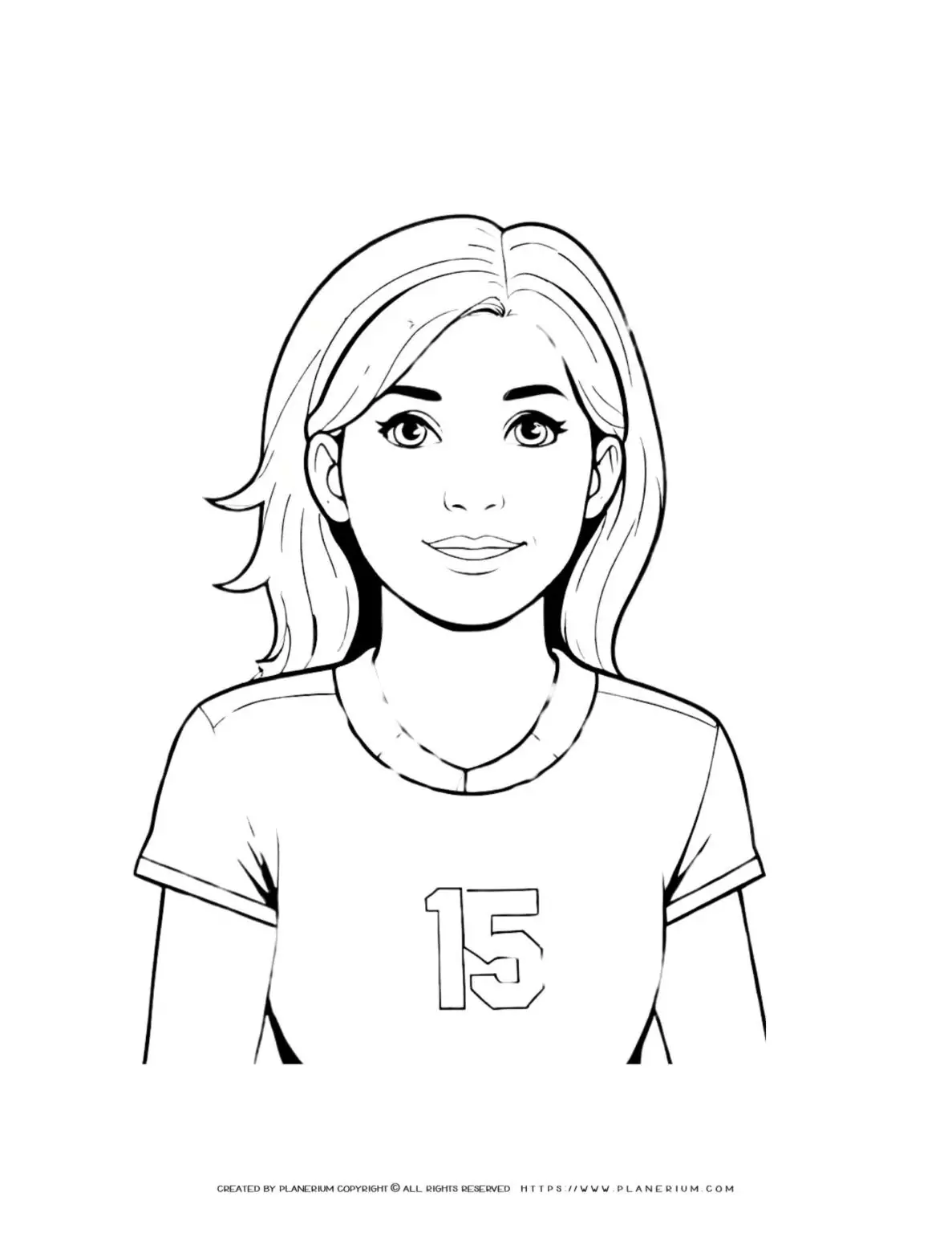 SEO Friendly Alternative text: Comic soccer girl player in front view portrait coloring page. Perfect for sports fans and young athletes.
