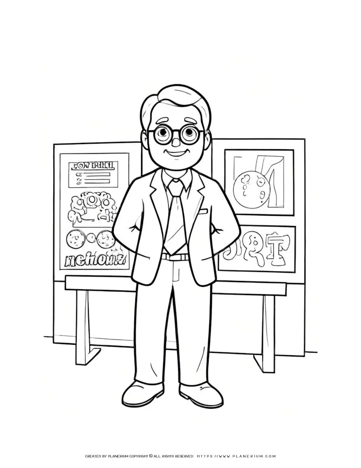 SEO friendly alternative text: Happy male comic character in glasses, suit, and tie standing next to table and closet. Ideal for coloring pages.