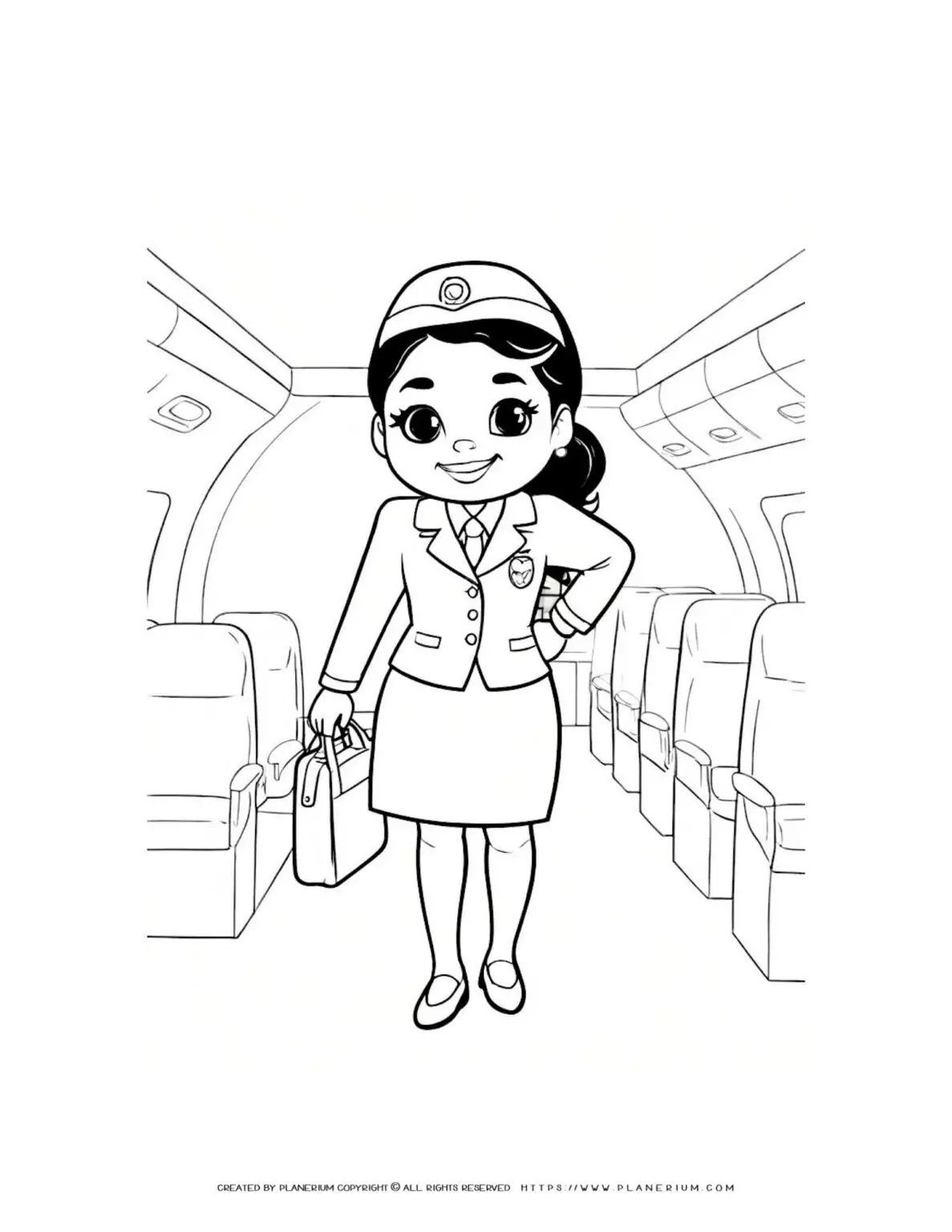 Comic flight attendant woman with suitcase inside airplane coloring page. Fun and detailed design for kids and adults.