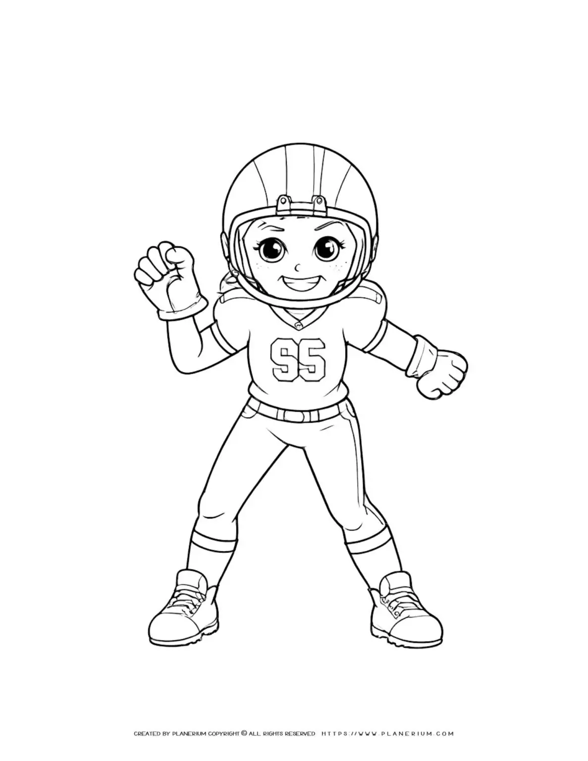 Comic football girl player coloring page with full body helmet for sports enthusiasts and young athletes to enjoy.
