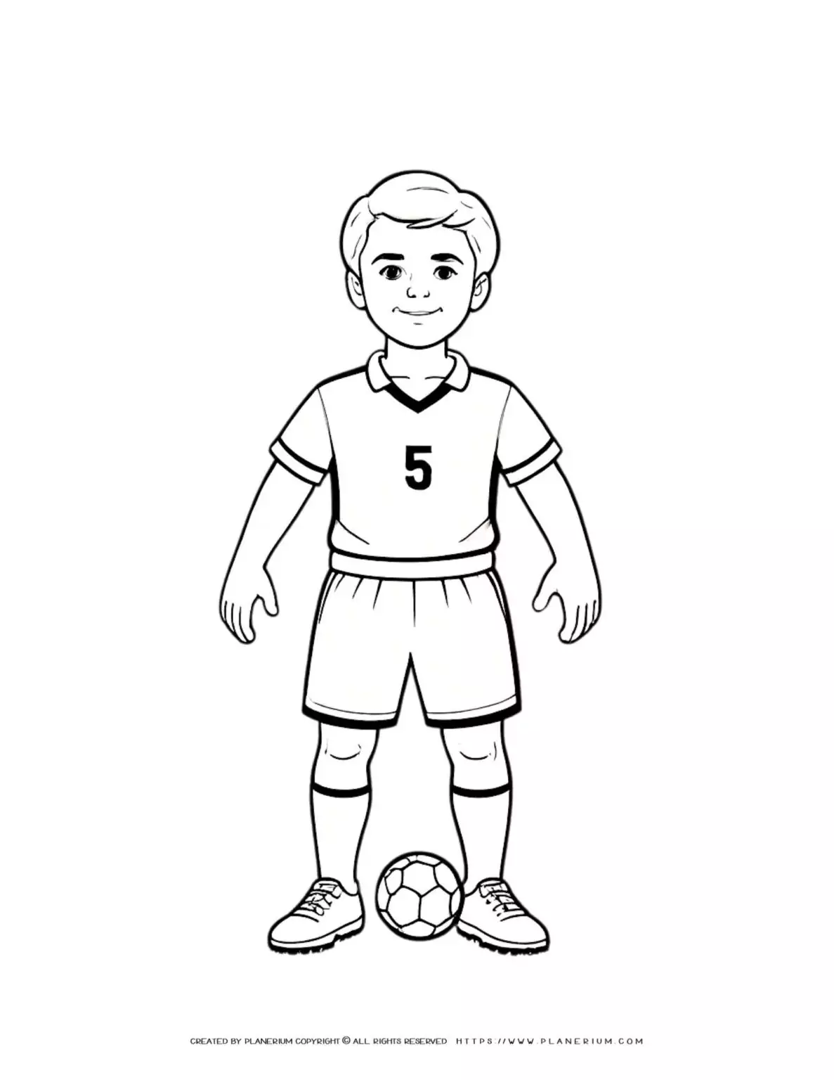 Soccer boy player coloring page with ball illustration, perfect for kids. Ideal for sports-themed activities and creative projects.