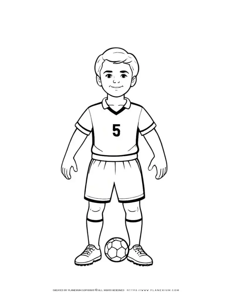 Soccer boy player coloring page with ball illustration, perfect for kids. Ideal for sports-themed activities and creative projects.