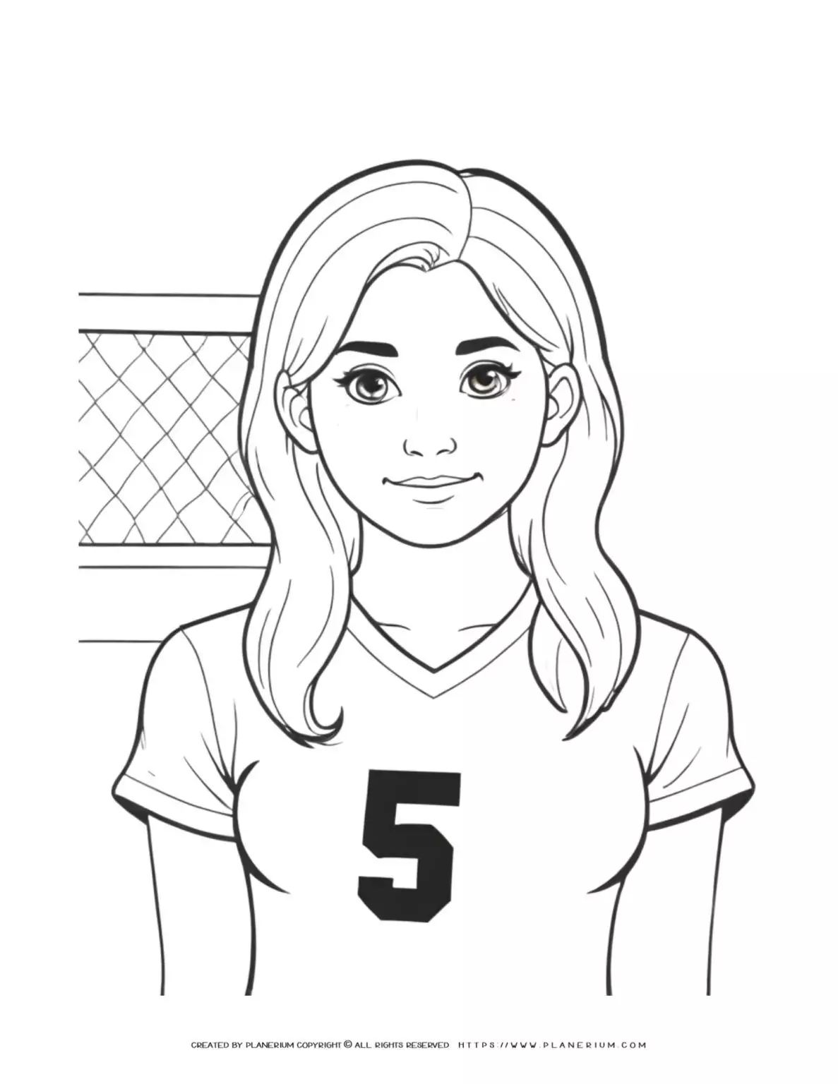 Soccer girl player coloring page, comic style portrait of a young athlete. Perfect for sports enthusiasts and art lovers.
