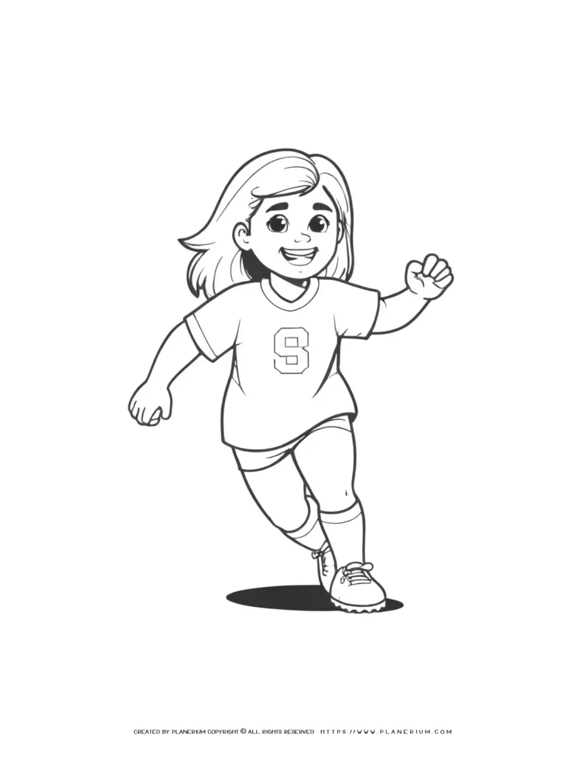 Soccer girl player running in comic style coloring page. Fun and dynamic sports illustration for kids.