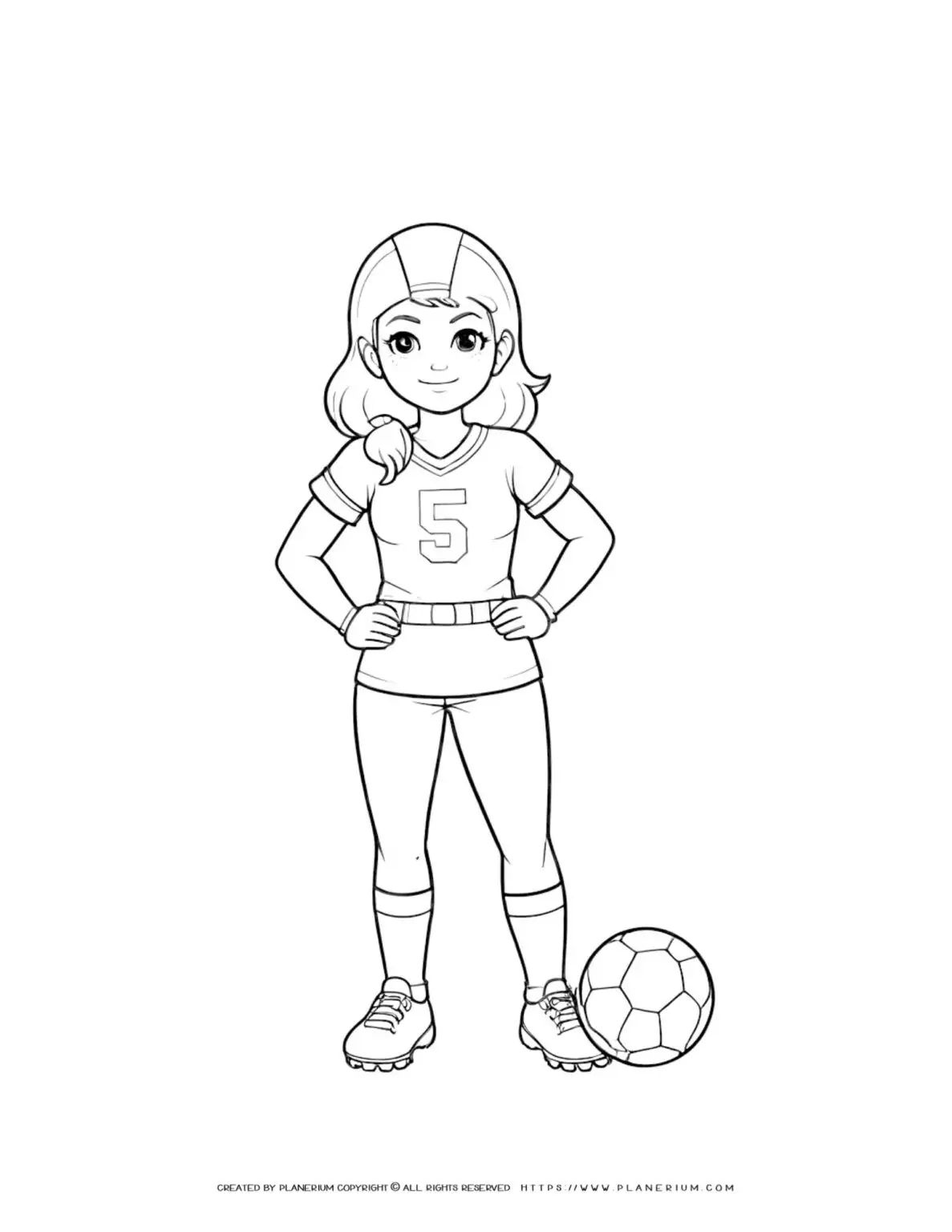 Soccer girl player coloring page standing, perfect for kids and sports enthusiasts. Ideal for creative activities and sports-themed projects.