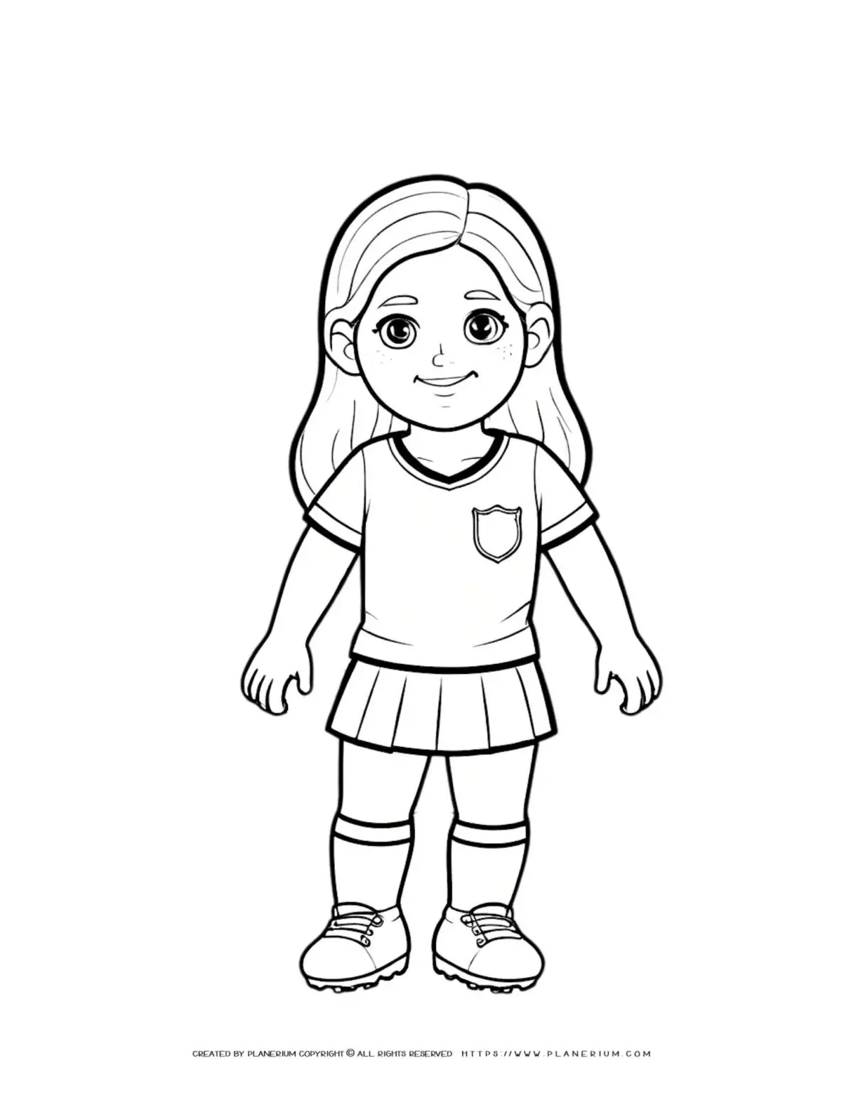 Soccer girl player coloring page with comic style outline standing out