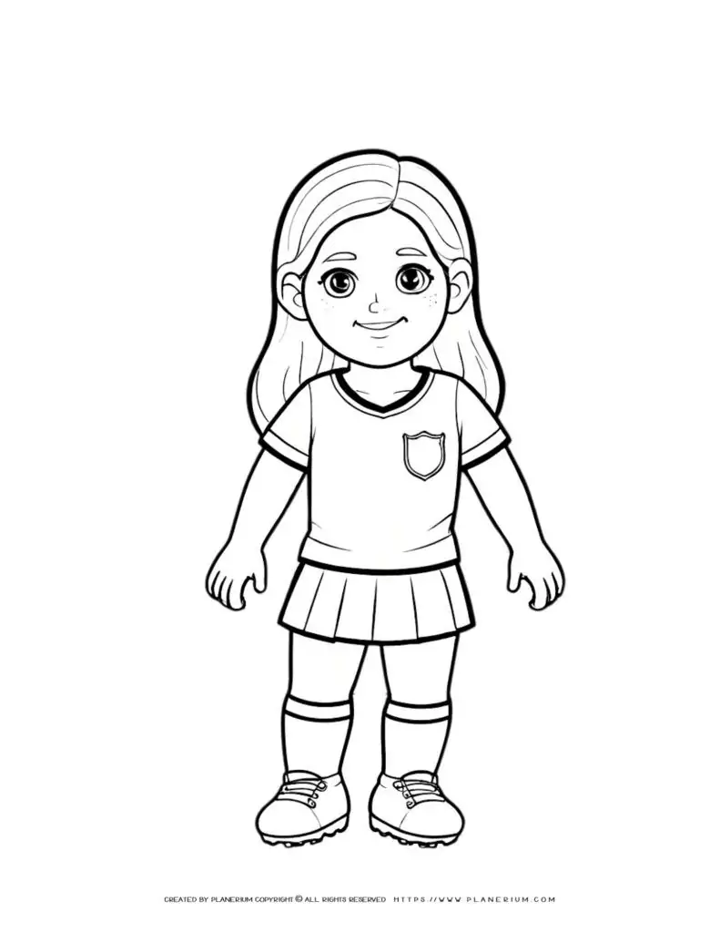 Soccer girl player coloring page with comic style outline standing out