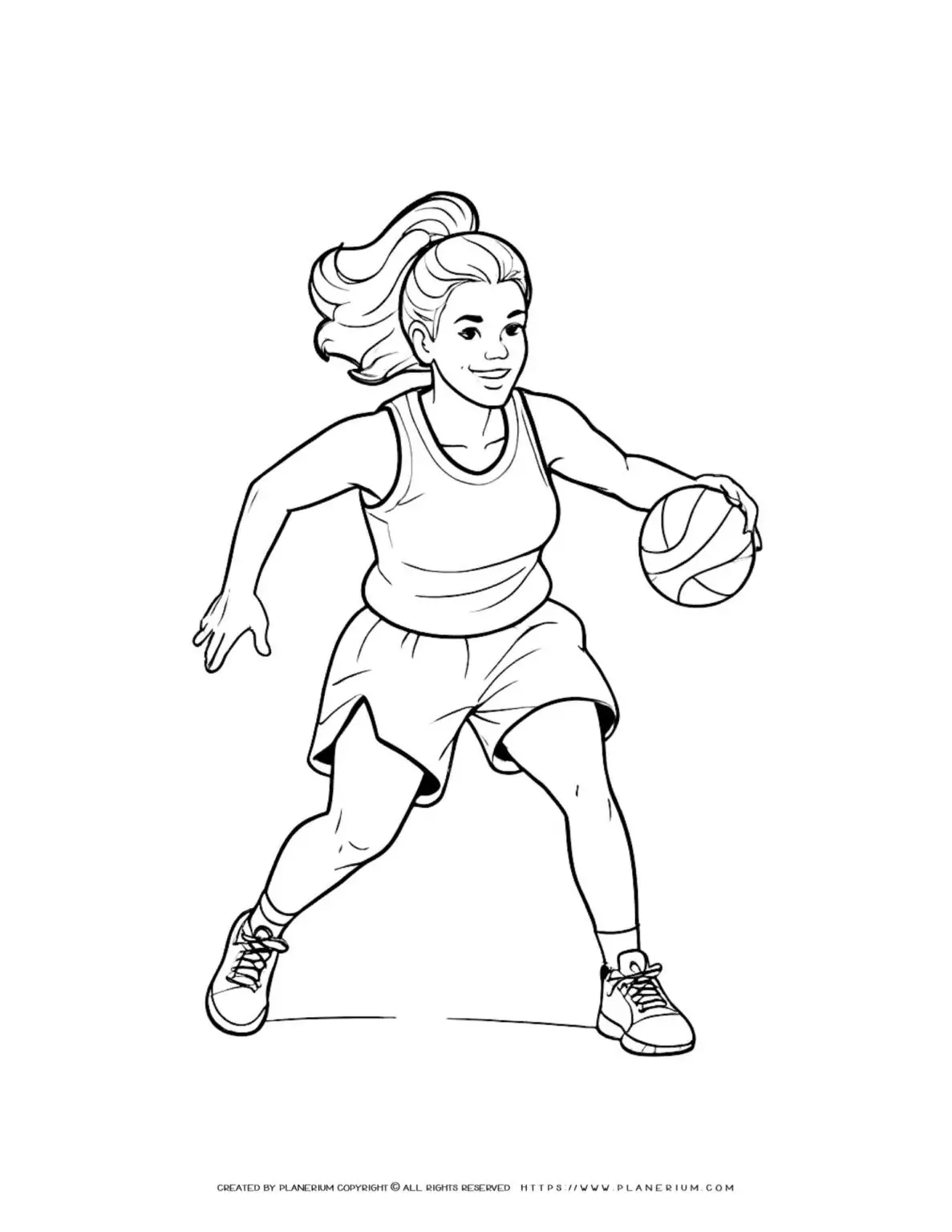Female basketball player coloring page in dynamic action pose for sports enthusiasts and kids. Great for developing creativity and fine motor skills.