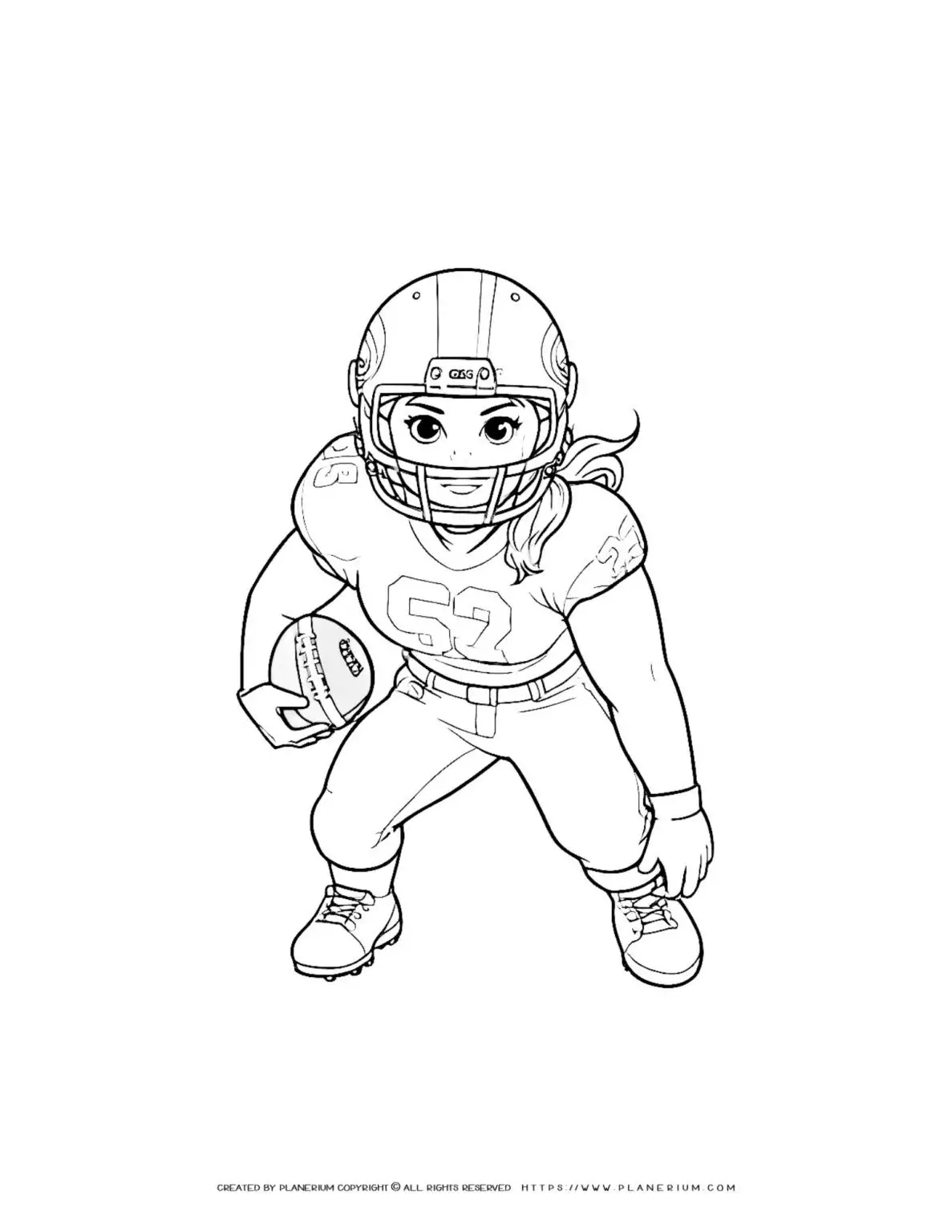 Female football player in helmet holding a football coloring page for kids. Perfect for sports enthusiasts and football fans.