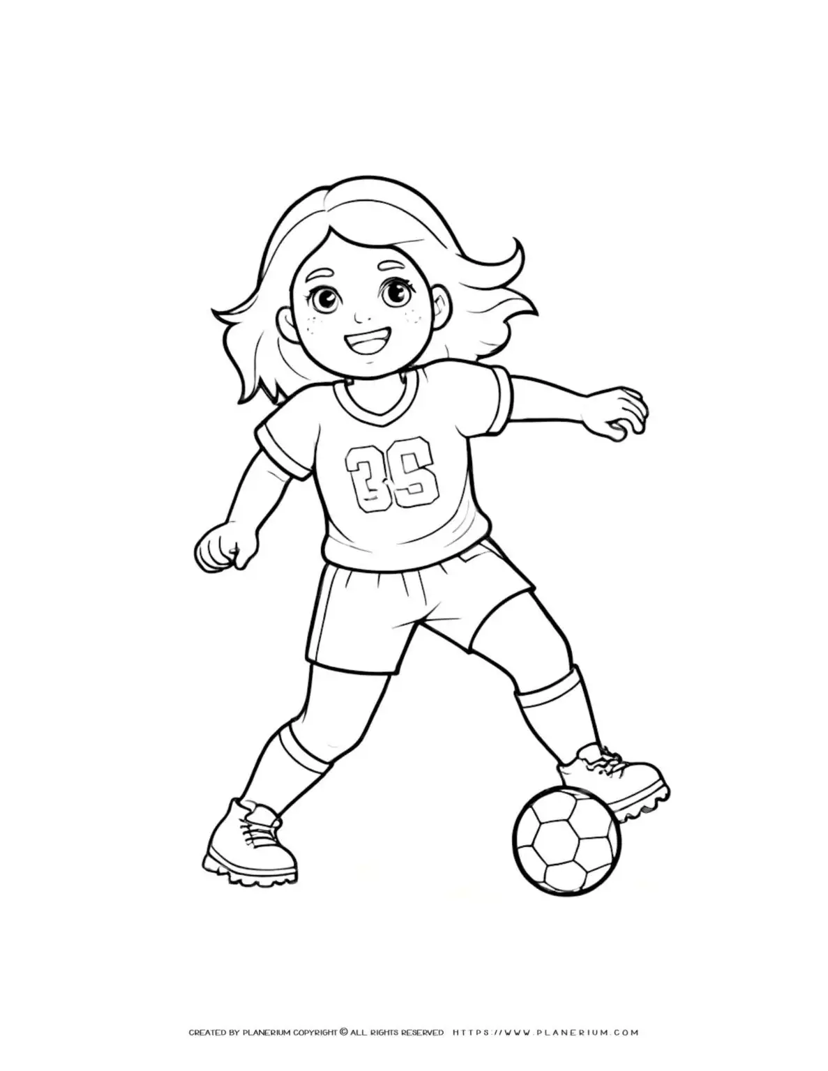 Girl playing soccer coloring page in comic style. Fun and engaging activity for kids. Perfect for sports enthusiasts and young artists.