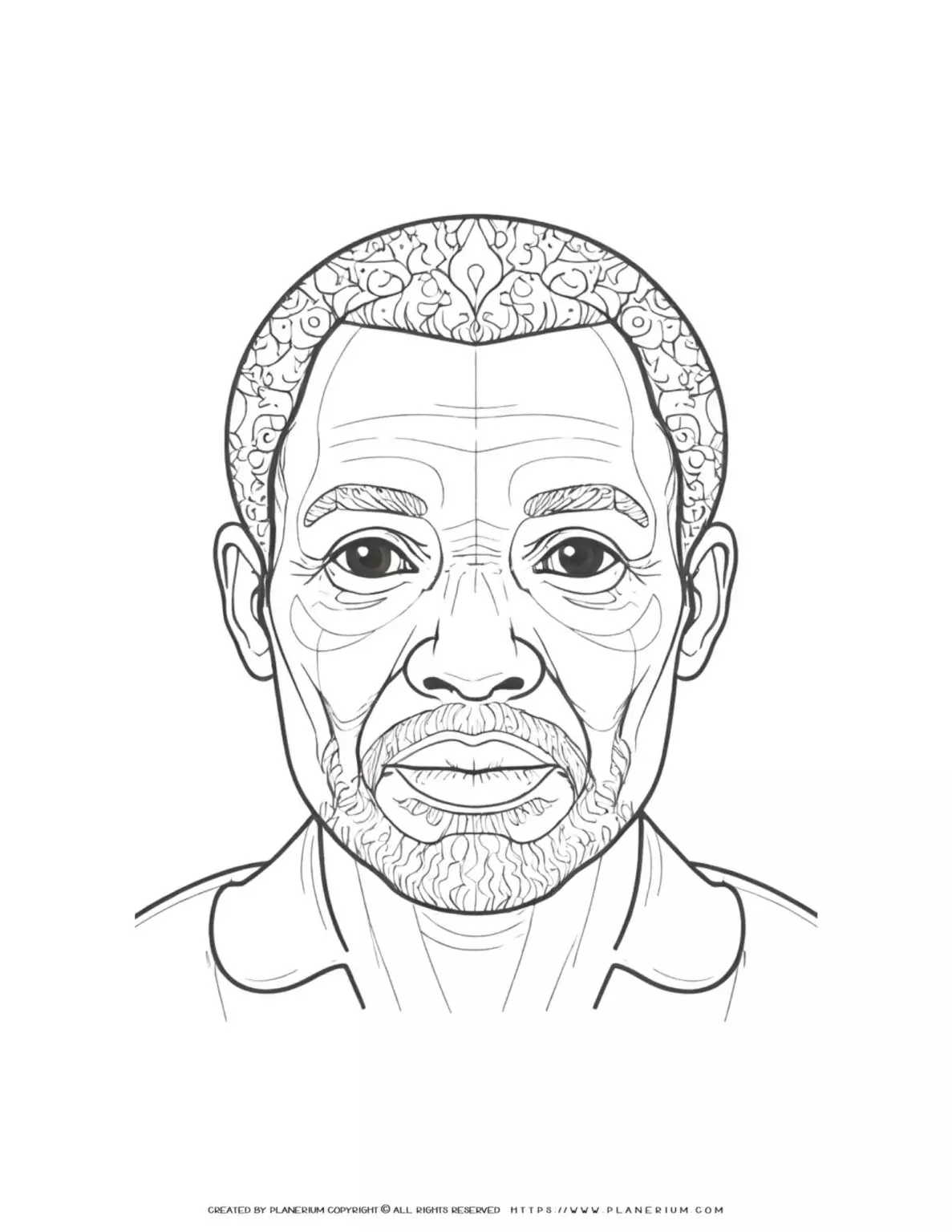 African old male face with beard coloring page illustration for adults. Detailed portrait of elderly man for stress relief and relaxation.