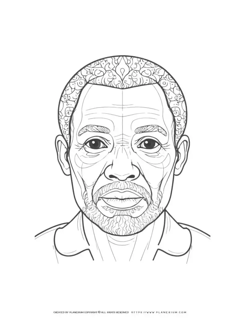 African old male face with beard coloring page illustration for adults. Detailed portrait of elderly man for stress relief and relaxation.
