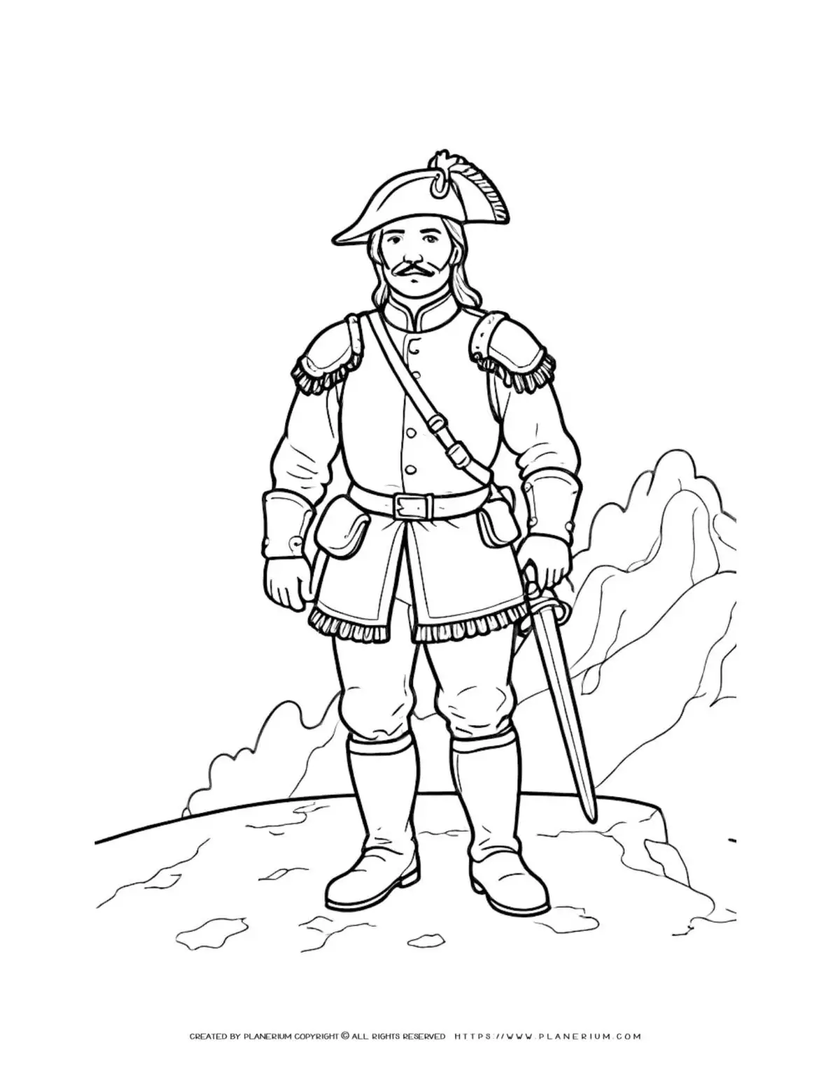 18th Century Soldier Coloring Page in Military Uniform on Rocky Terrain - Historical Art for Kids and Adults, Ideal for History Enthusiasts
