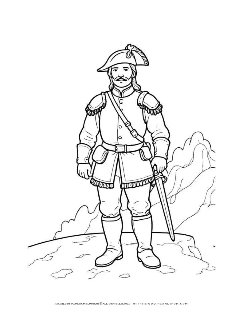 18th Century Soldier Coloring Page in Military Uniform on Rocky Terrain - Historical Art for Kids and Adults, Ideal for History Enthusiasts