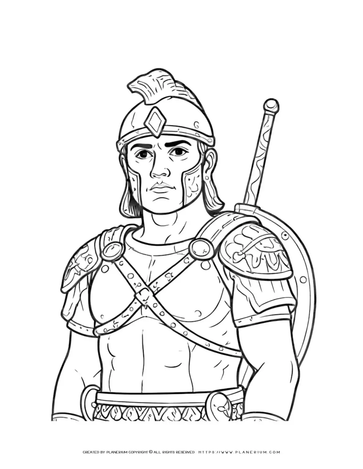 Ancient armored soldier torso coloring page for history enthusiasts. Ideal for educational purposes and historical art projects.