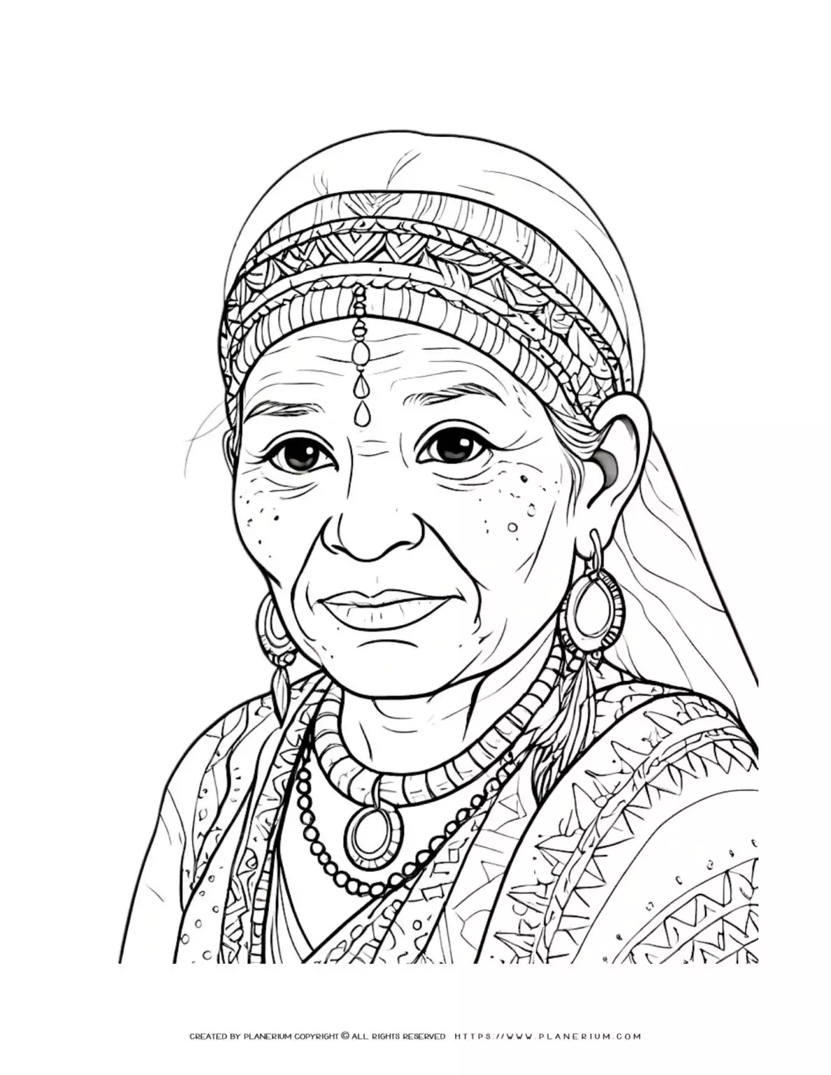Indian elderly woman coloring page, traditional attire, intricate details, cultural representation, printable activity for kids.