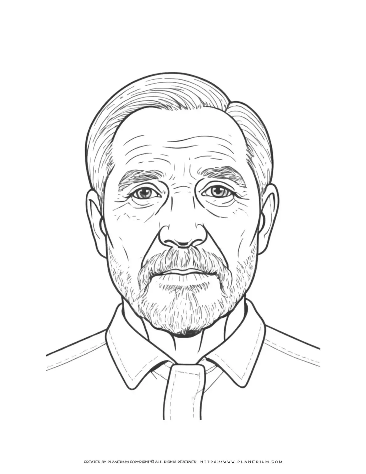 Detailed coloring page of an elderly man with a beard, perfect for relaxation and creativity. Ideal for adults and seniors.