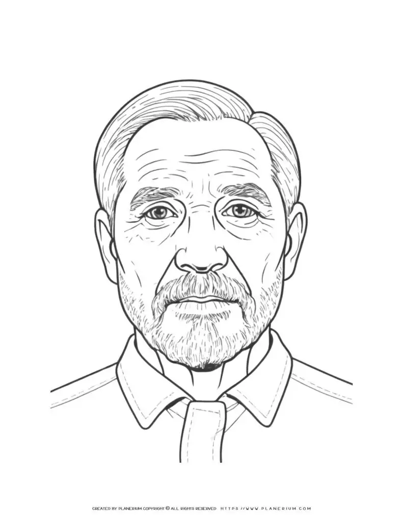 Detailed coloring page of an elderly man with a beard, perfect for relaxation and creativity. Ideal for adults and seniors.