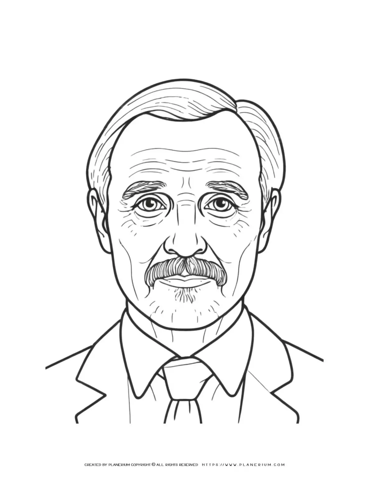 Old man with a mustache coloring page illustration for adults. Detailed line art design for relaxation and creativity.