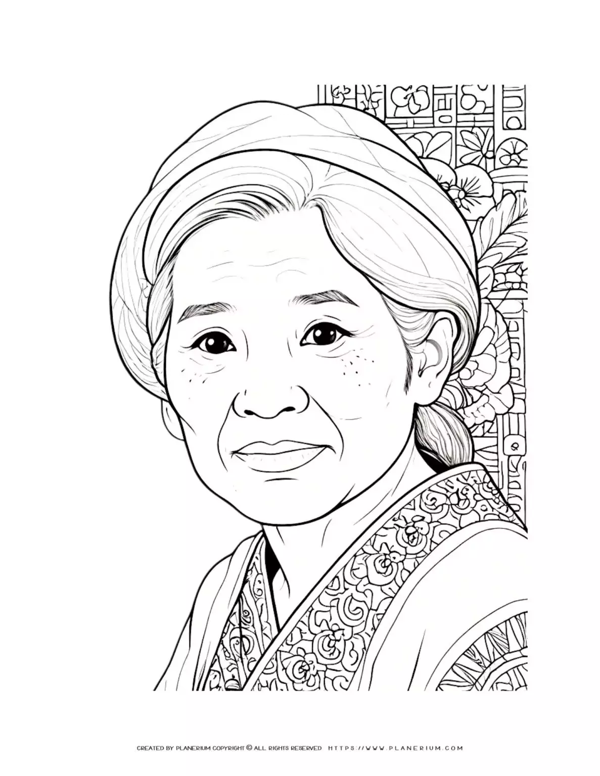 Asian elderly woman portrait coloring page for adults. Detailed line art of a senior Asian lady. Perfect for relaxation and mindfulness.