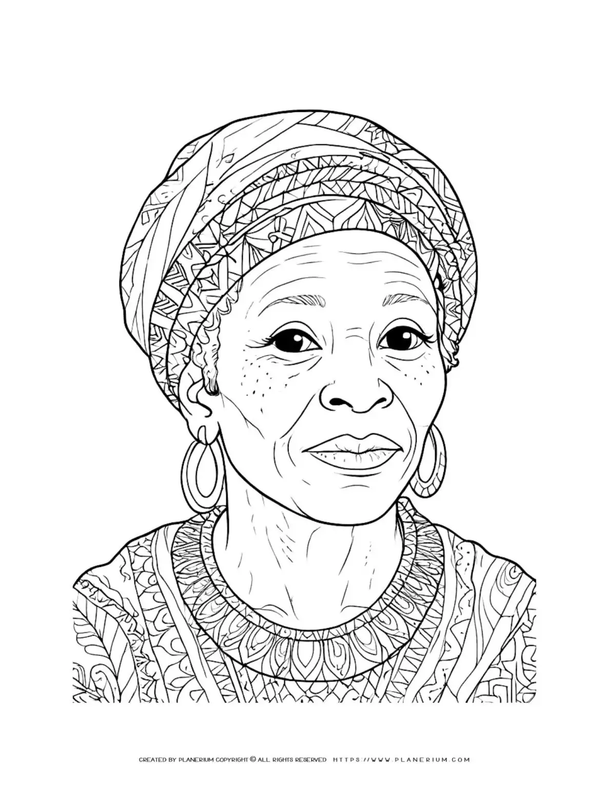 Black elderly woman's face portrait coloring page for adults. Detailed line art illustration for relaxation and stress relief. Perfect for art therapy.