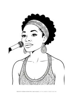 Black woman portrait singing with a microphone coloring page. Beautiful design for art lovers and music enthusiasts. Ideal for relaxation and creativity.