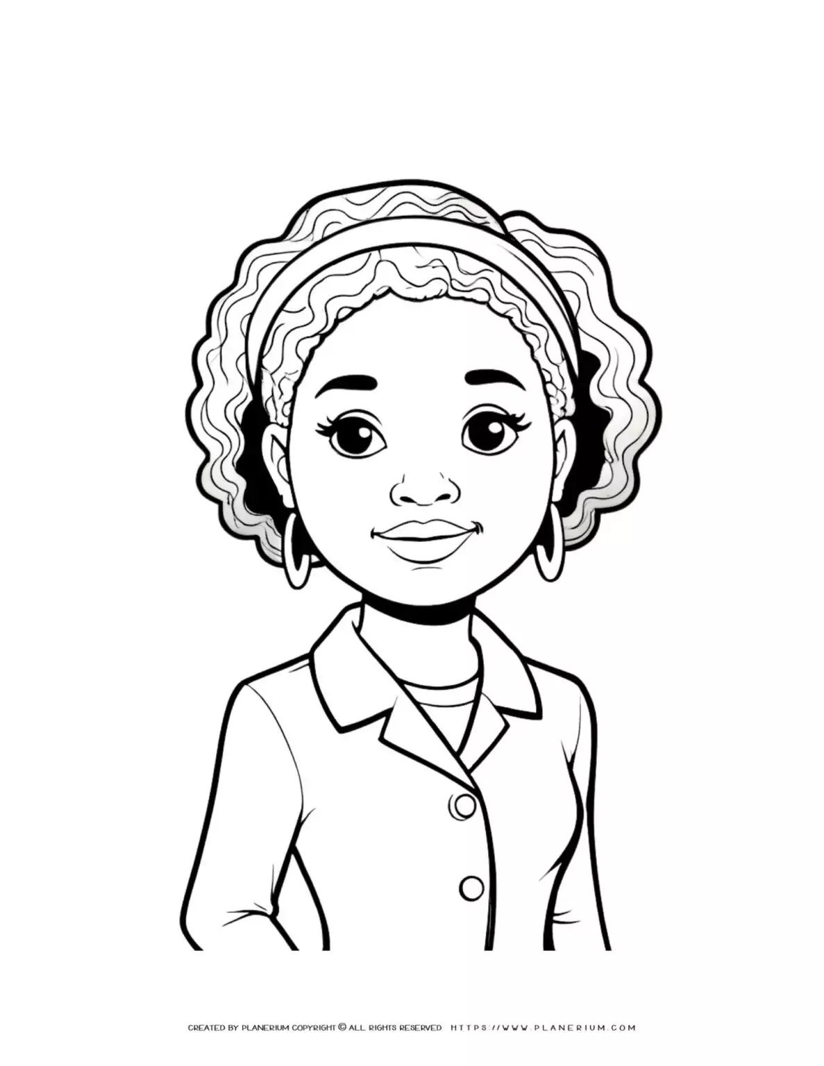 Black woman upper body coloring page illustration for adults and kids. Beautiful design for relaxation and creativity. Ideal for art therapy.